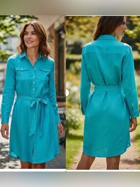Lauren Ralph Lauren Teal Blue/Green Front Long-Sleeve Shirt Dress with Waist Tie